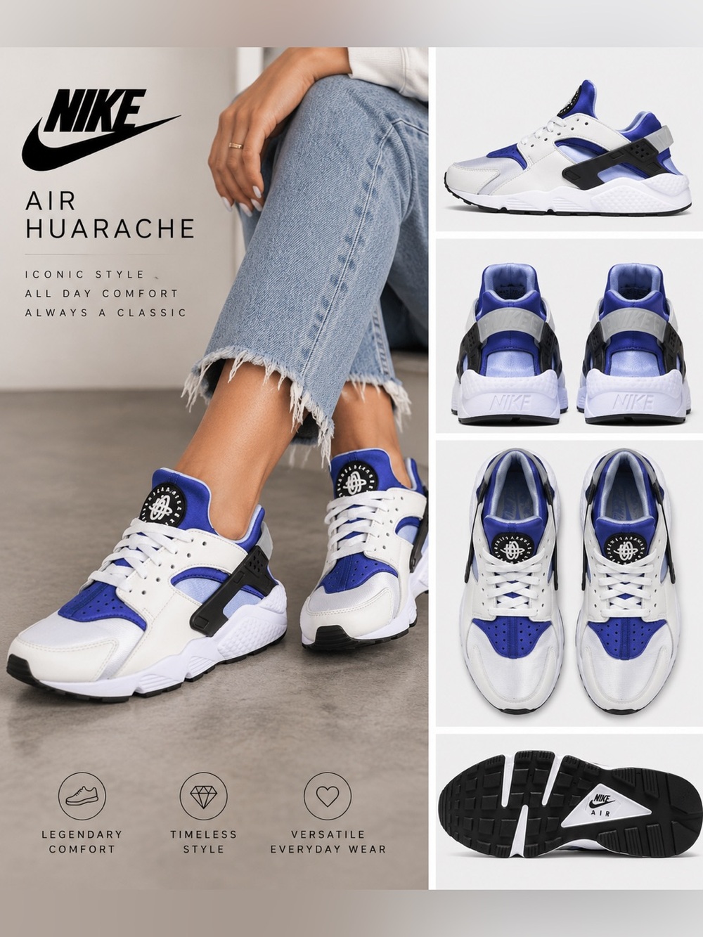 Nike Air Huarache White Blue Purple Sneakers Women’s Size 8